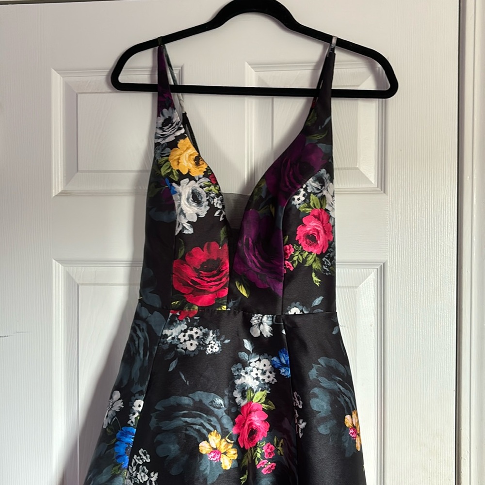 Black Floral Dress with Yellow, Blue, Red, and Purple Roses. Sequin Heart Dress.